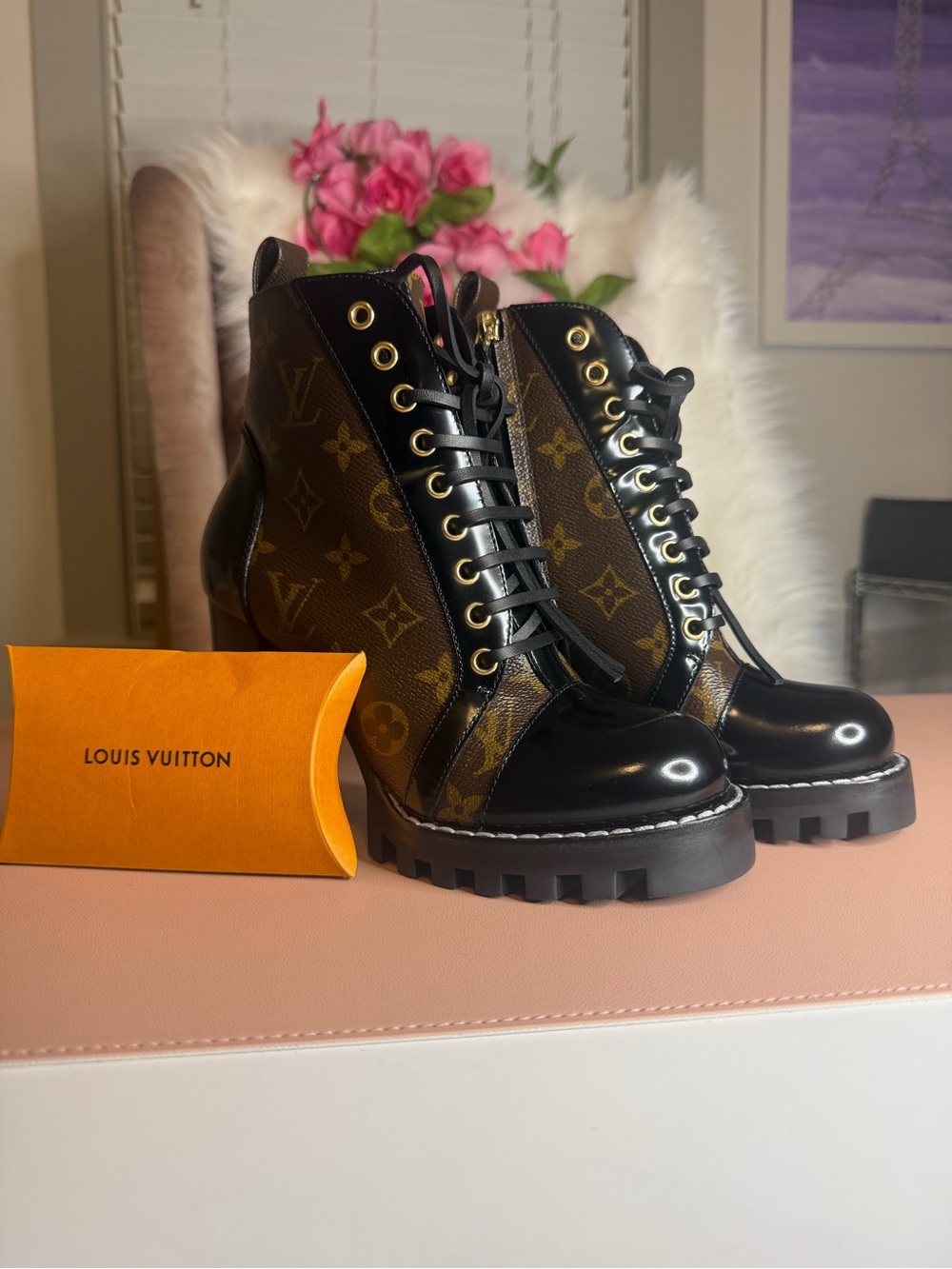Louis Vuitton Monogram Patent Lace-Up Platform Lug Sole Boots - Sz 37